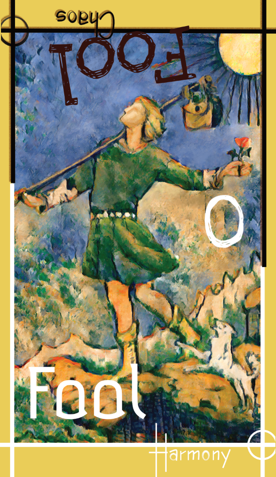 The Fool from the major Arcana. A young fool wanders though a field towards a precipice. On the end of a stick over their shoulder they carry everything that the world has given them with no regard for its weight. Their only other possession is a flower in full bloom and their only friend a small dog.